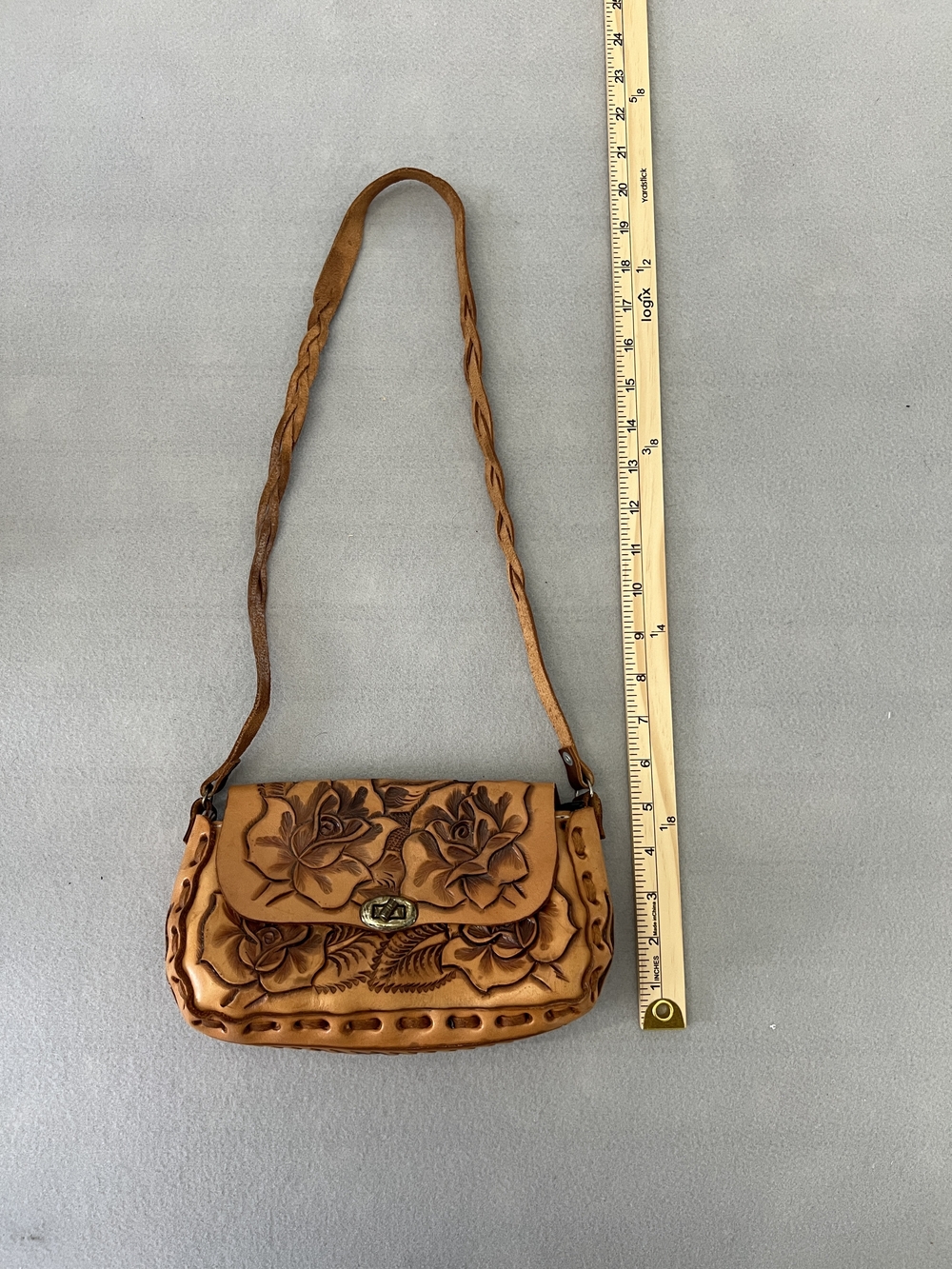 Handtooled Leather Floral Crossbody Bag - Tan - Picture 8 of 9